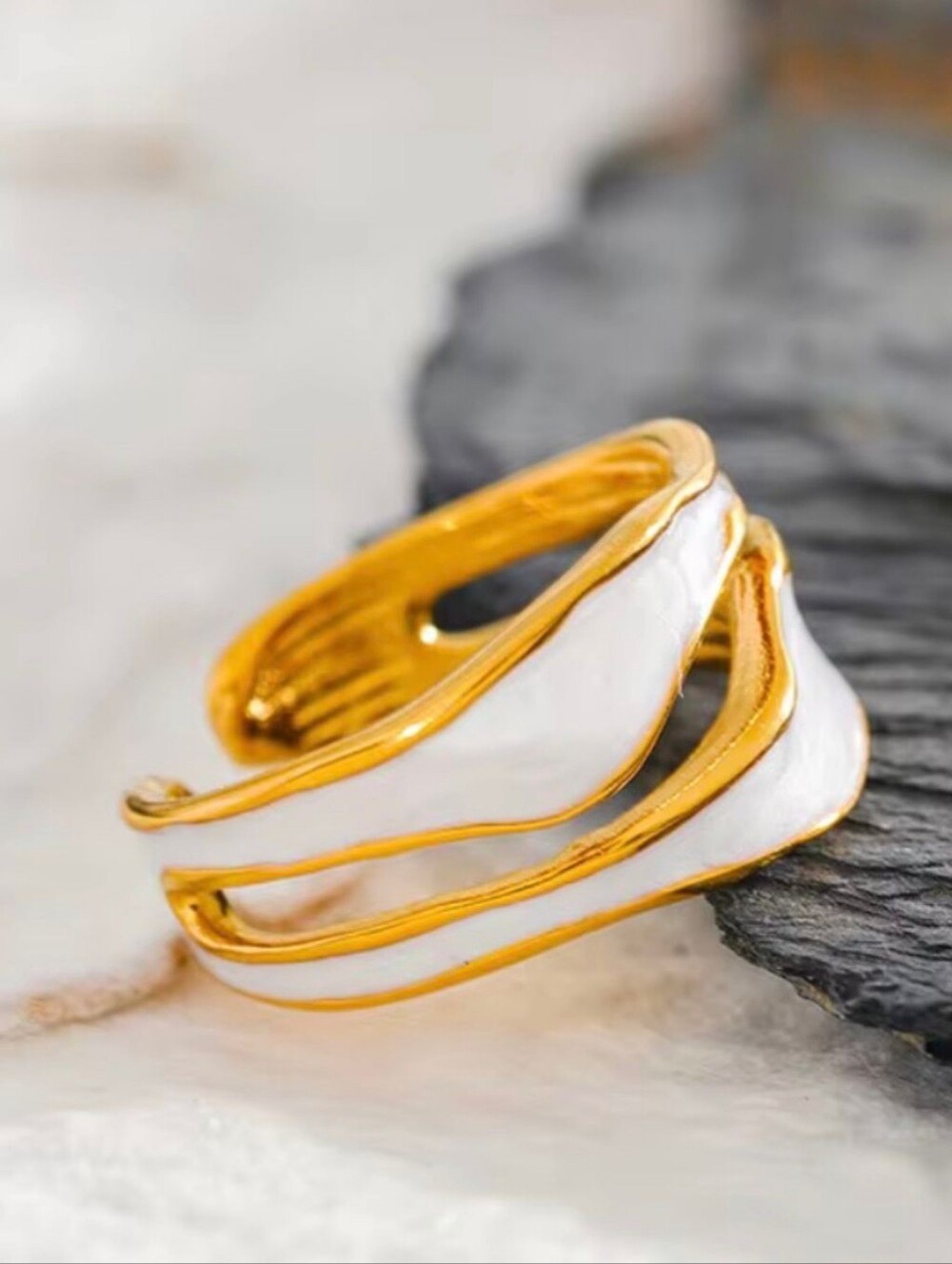 Flexible Gold and White Enamel Wave Ring - Picture 4 of 5
